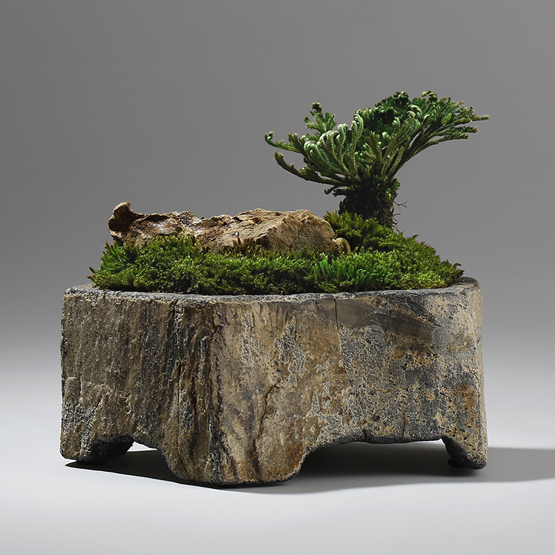 Bonsai Garden Chinese Garden - กระถางดอกไม้หินบะซอลต์ธรรมชาติ งานแฮนด์เมด สำหรับปลูกไม้อวบน้ำ ตกแต่งบ้าน สำนักงาน โต๊ะทำงาน